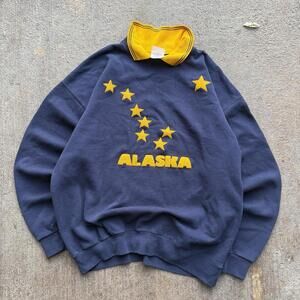 Vintage 90s Alaska Blue Crewneck Sweatshirt XL Gold Stars Made In USA